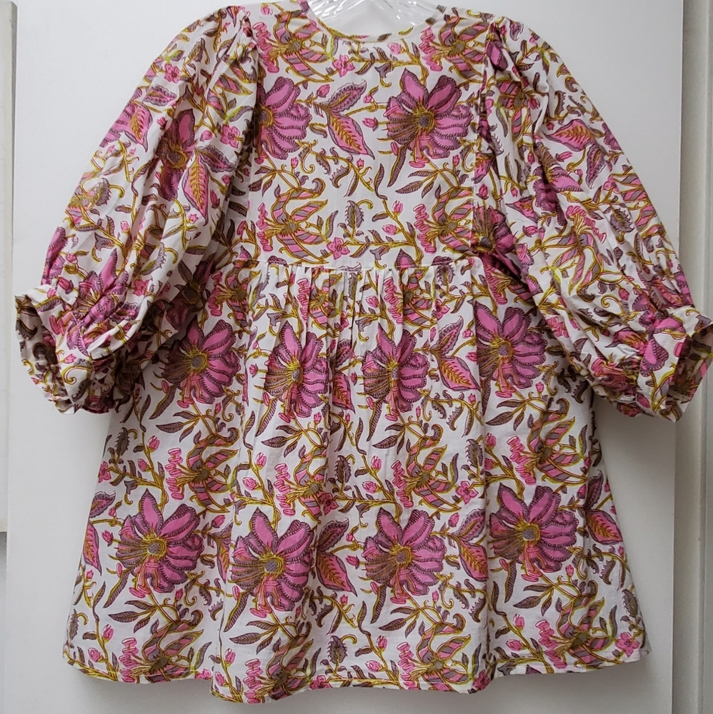 Mille Resort Thalia Pink White Floral 100%Cotton Blouse Puff Sleeves Size XS - Picture 10 of 12